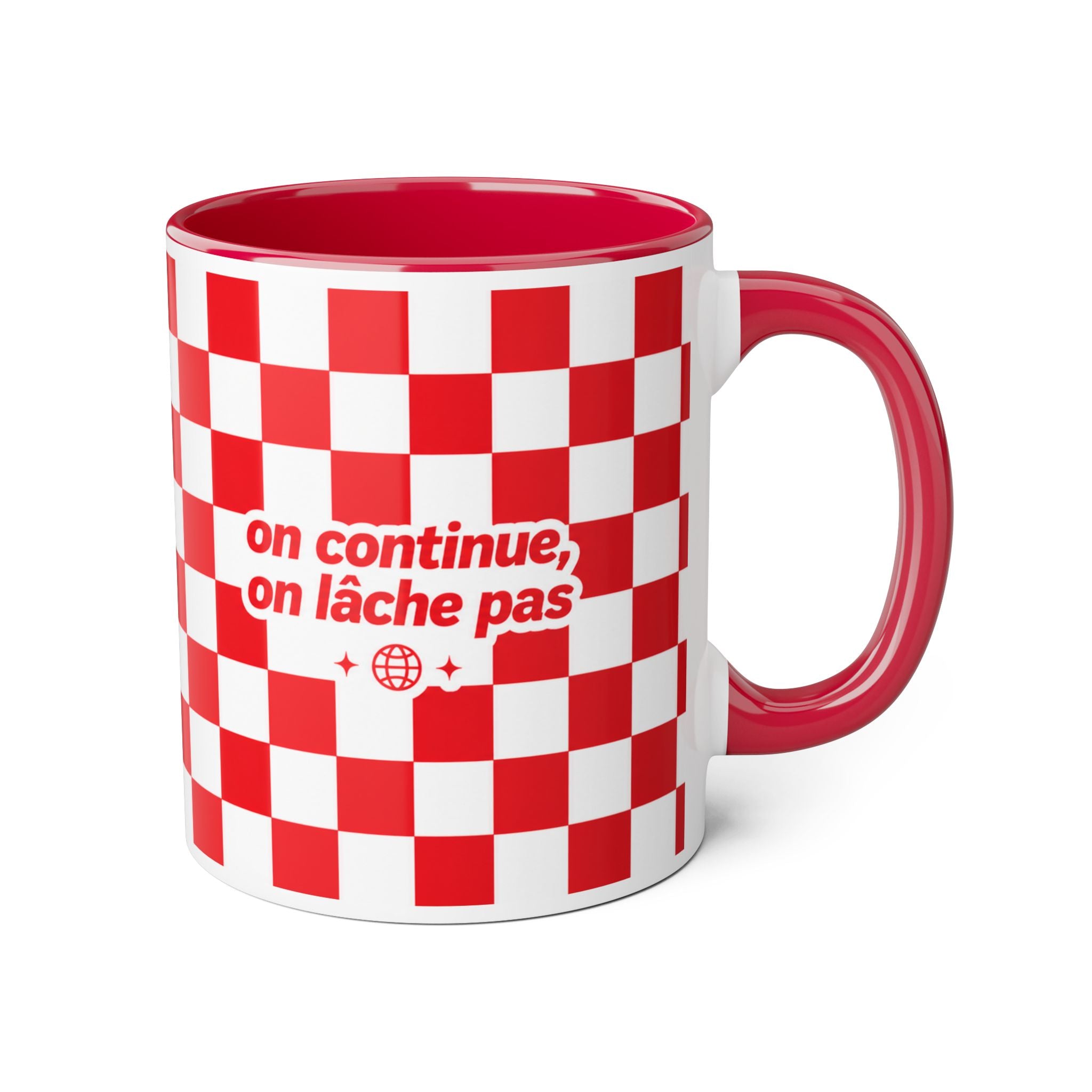 Tasse “On continue, on lâche pas” ☕ | Mug motivation damier rouge
